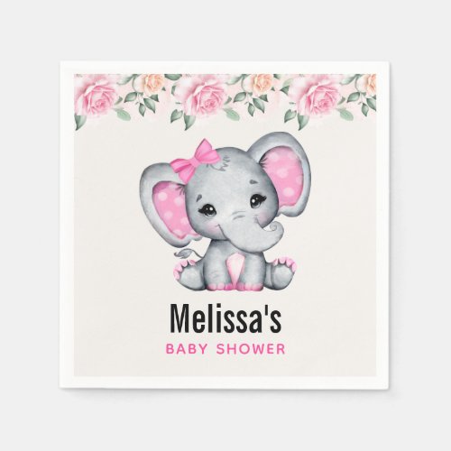 Cute Pink Baby Elephant and Roses Border Shower Napkins