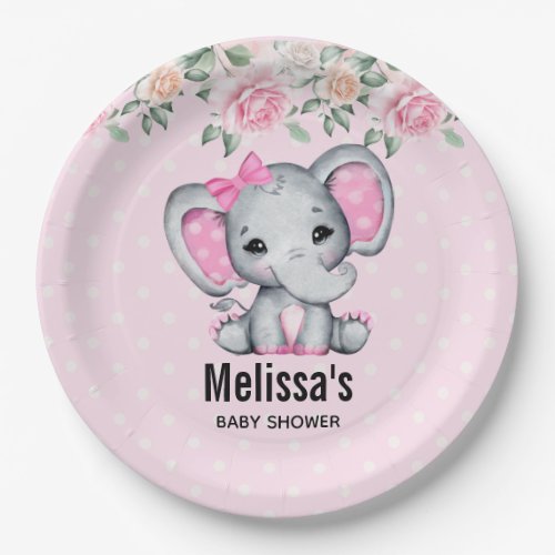 Cute Pink Baby Elephant and Roses Border Shower Paper Plates