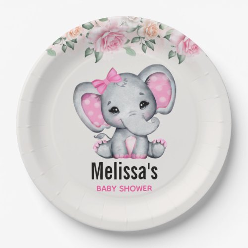 Cute Pink Baby Elephant and Roses Border Shower Paper Plates