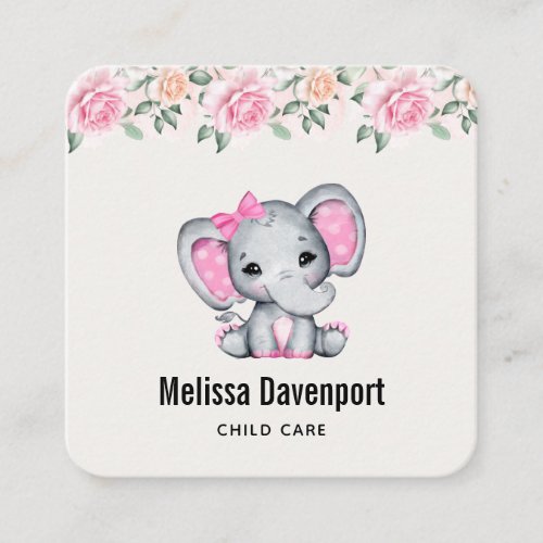 Cute Pink Baby Elephant and Roses Border Square Business Card