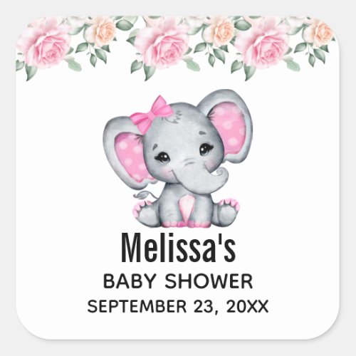 Cute Pink Baby Elephant and Roses Border Square Sticker
