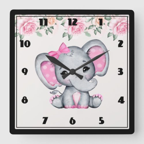 Cute Pink Baby Elephant and Roses Border Square Wall Clock