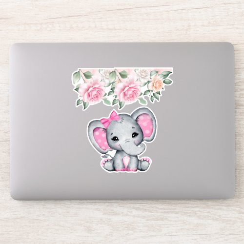 Cute Pink Baby Elephant and Roses Border Sticker