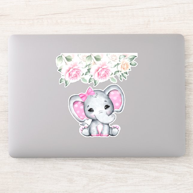 Cute Pink Baby Elephant and Roses Border Sticker (Computer)