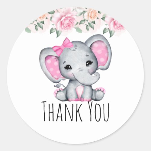 Cute Pink Baby Elephant and Roses Border Thank You Classic Round Sticker