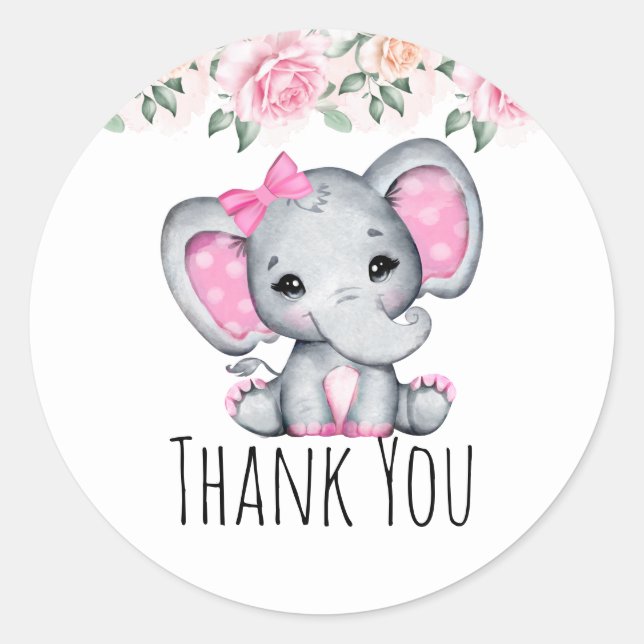 Cute Pink Baby Elephant and Roses Border Thank You Classic Round Sticker (Front)