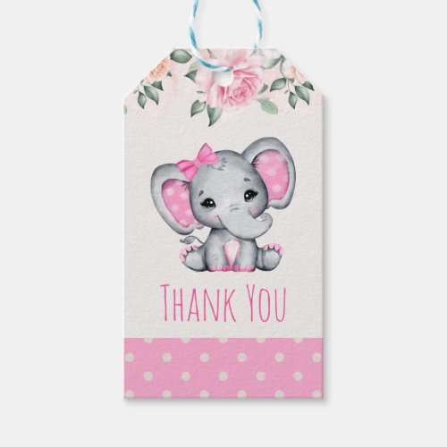 Cute Pink Baby Elephant and Roses Border Thank You Gift Tags