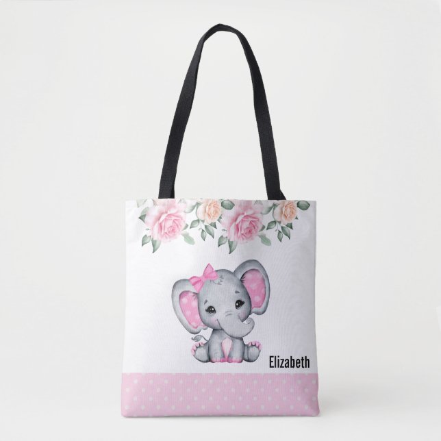 Cute Pink Baby Elephant and Roses Border Tote Bag (Front)