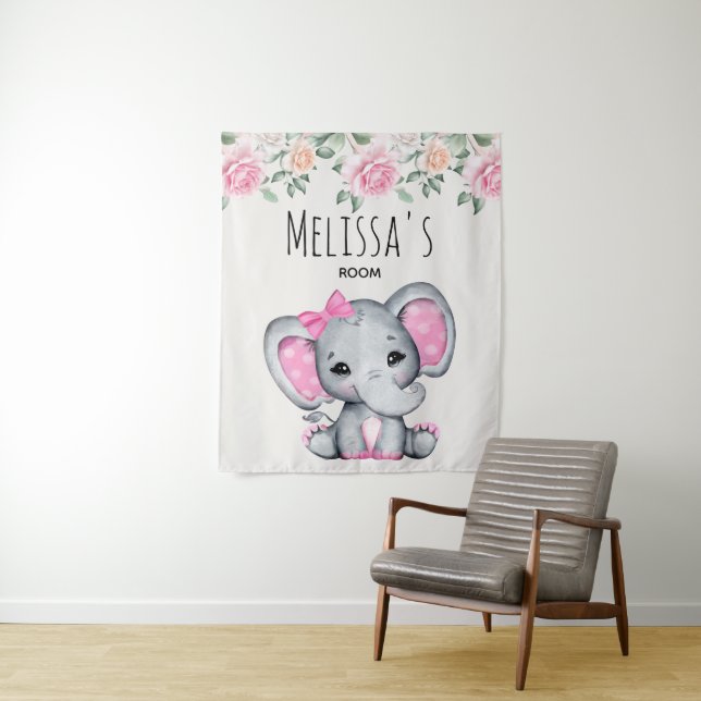 Cute Pink Baby Elephant and Roses Room Tapestry (In Situ)