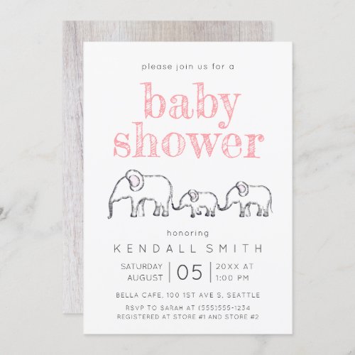 Cute Pink Baby Elephant Family Baby Shower Invitation