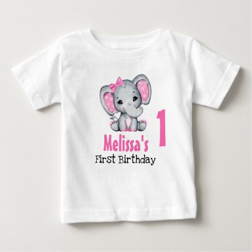Cute Pink Baby Elephant First Birthday Baby T_Shirt