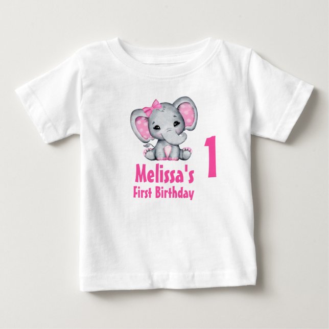 Cute Pink Baby Elephant First Birthday T-Shirt (Front)