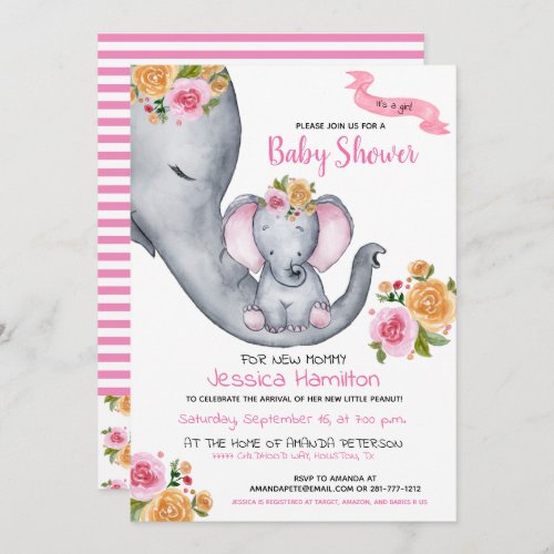 Cute Pink Baby Elephant Floral Girl Baby Shower Invitation