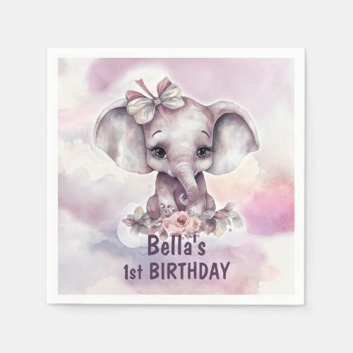 Cute Pink Baby Elephant Girl 1st Birthday Party Napkins