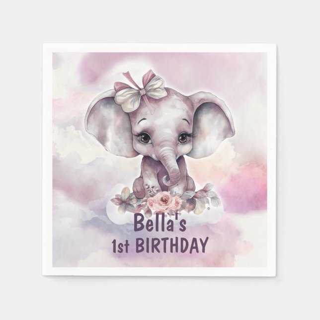 Cute Pink Baby Elephant Girl 1st Birthday Party Napkins (Front)