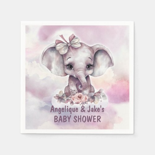 Cute Pink Baby Elephant Girl Baby Shower Napkins