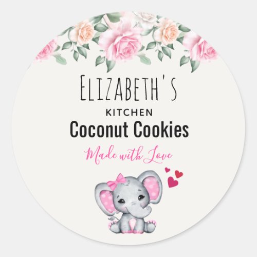 Cute Pink Baby Elephant  Roses Watercolor Kitchen Classic Round Sticker