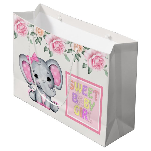 Cute Pink Baby Elephant Sweet Baby Girl Large Gift Bag (Front Angled)