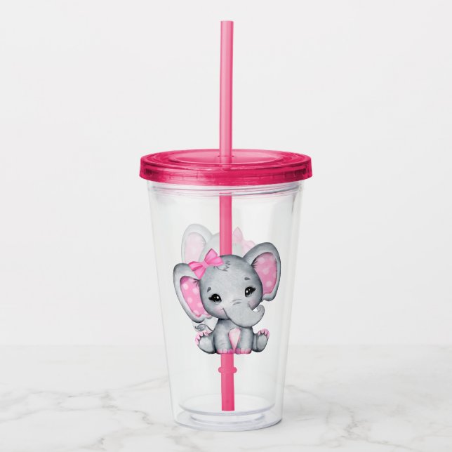 Cute Pink Baby Elephant with Polka Dot Ears Acrylic Tumbler (Front)