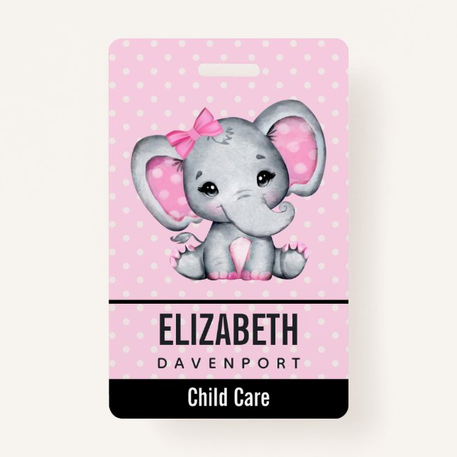 Cute Pink Baby Elephant with Polka Dot Ears Badge (Front)