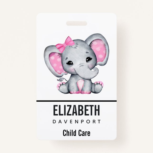 Cute Pink Baby Elephant with Polka Dot Ears Badge (Front)