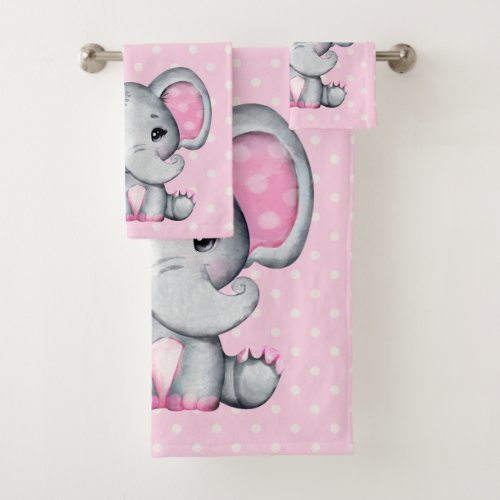 Cute Pink Baby Elephant with Polka Dot Ears Bath Towel Set
