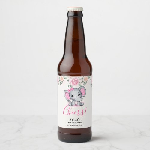 Cute Pink Baby Elephant with Polka Dot Ears Beer Bottle Label