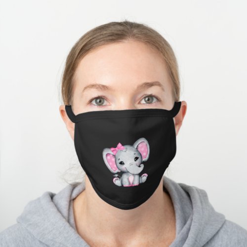 Cute Pink Baby Elephant with Polka Dot Ears Black Cotton Face Mask
