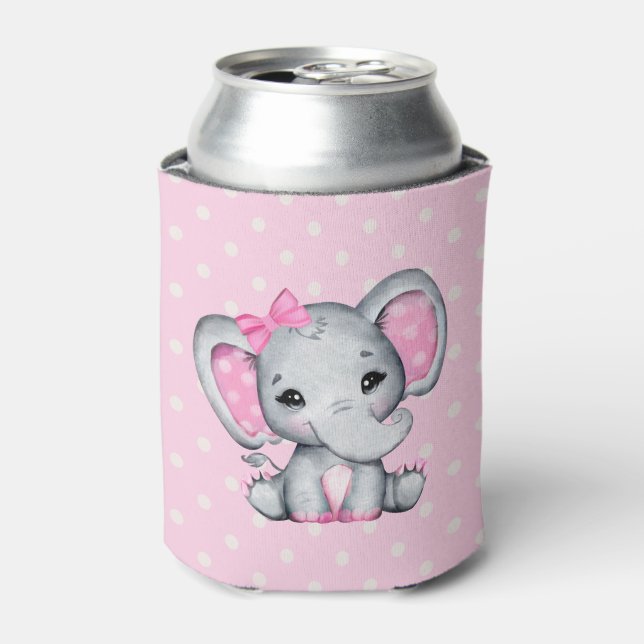 Cute Pink Baby Elephant with Polka Dot Ears Can Cooler (Can Front)