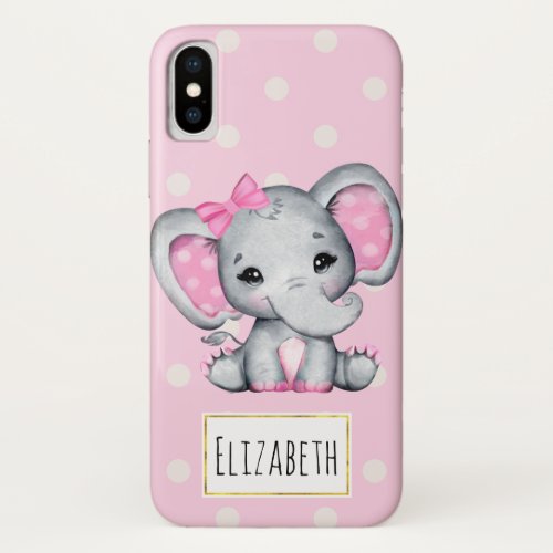 Cute Pink Baby Elephant with Polka Dot Ears iPhone X Case