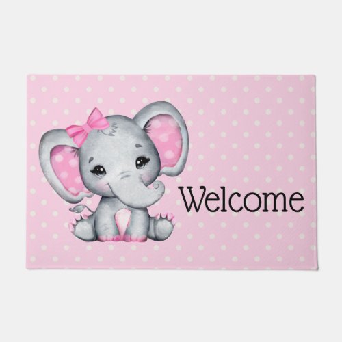 Cute Pink Baby Elephant with Polka Dot Ears Doormat
