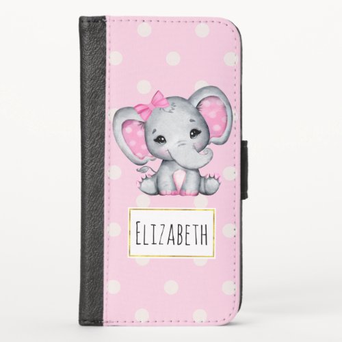 Cute Pink Baby Elephant with Polka Dot Ears iPhone X Wallet Case