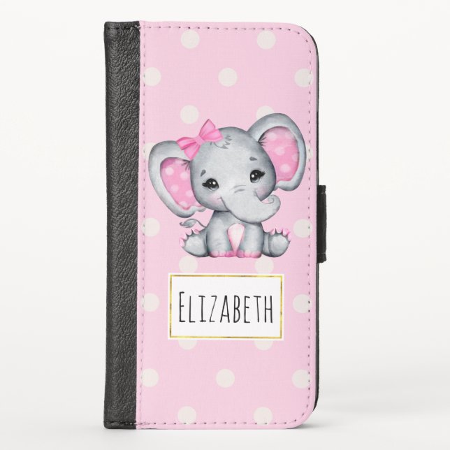 Cute Pink Baby Elephant with Polka Dot Ears iPhone Wallet Case (Front)