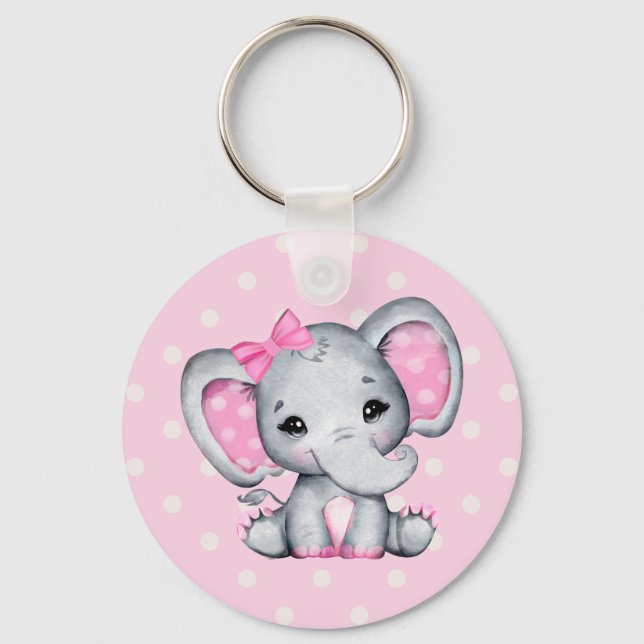 Cute Pink Baby Elephant with Polka Dot Ears Keychain (Front)