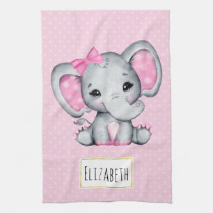 Cute Pink Baby Elephant with Polka Dot Ears Kitchen Towel
