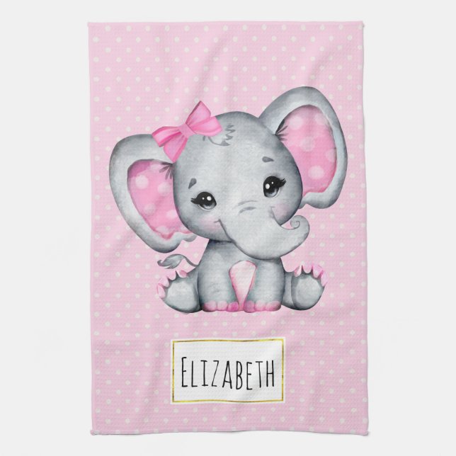Cute Pink Baby Elephant with Polka Dot Ears Kitchen Towel (Vertical)