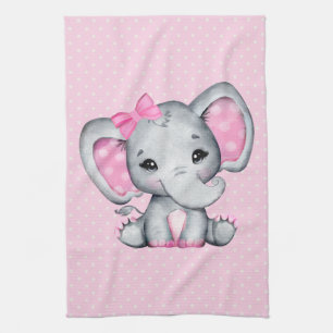 Cute Pink Baby Elephant with Polka Dot Ears Kitchen Towel
