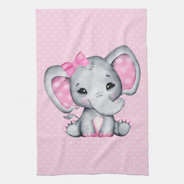 Cute Pink Baby Elephant with Polka Dot Ears Kitchen Towel (Vertical)