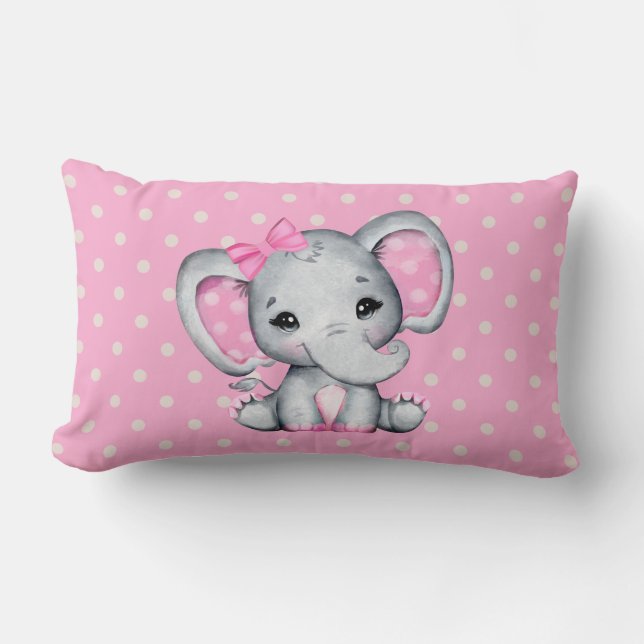 Cute Pink Baby Elephant with Polka Dot Ears Lumbar Pillow (Front)