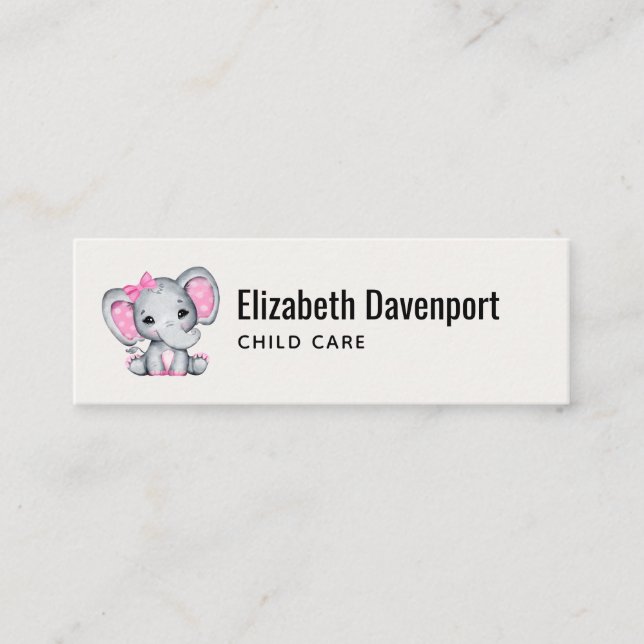 Cute Pink Baby Elephant with Polka Dot Ears Mini Business Card (Front)