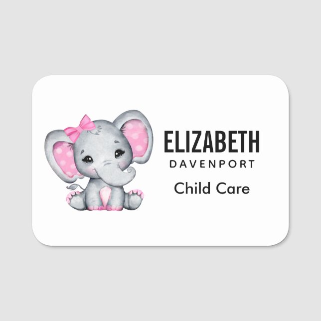 Cute Pink Baby Elephant with Polka Dot Ears Name Tag (Front)