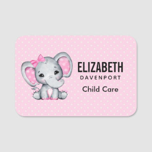 Cute Pink Baby Elephant with Polka Dot Ears Name Tag