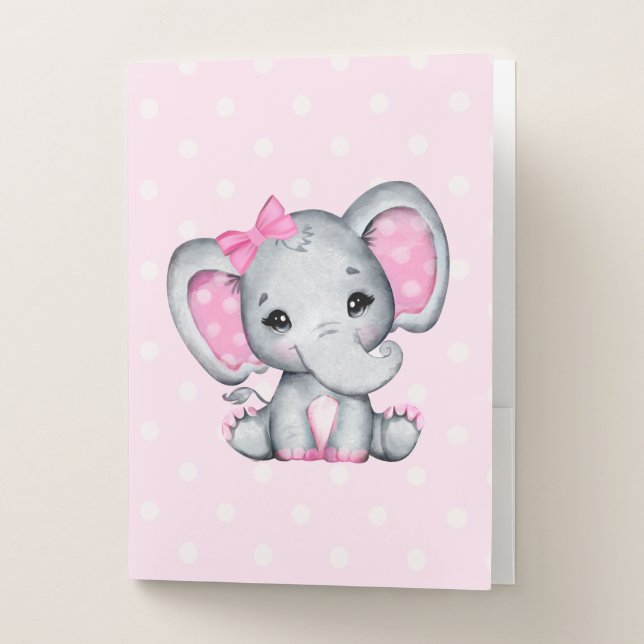 Cute Pink Baby Elephant with Polka Dot Ears Pocket Folder (Front)