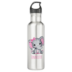 Cute Pink Baby Elephant with Polka Dot Ears Stainless Steel Water Bottle
