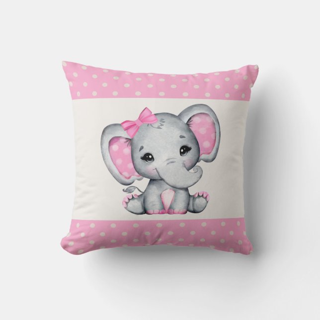 Cute Pink Baby Elephant with Polka Dot Ears Throw Pillow (Front)