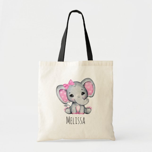 Cute Pink Baby Elephant with Polka Dot Ears Tote Bag (Front)