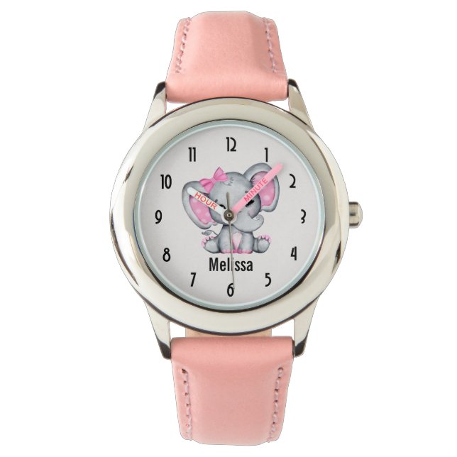Cute Pink Baby Elephant with Polka Dot Ears Watch (Front)