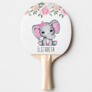 Cute Pink Baby Elephant with Roses Border Ping Pong Paddle