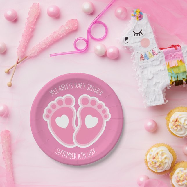Cute Pink Baby Feet Custom Girl's Baby Shower Paper Plates (Party)