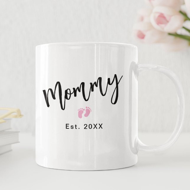 Cute Pink Baby Feet Script Mommy Year Established  Coffee Mug (Creator Uploaded)